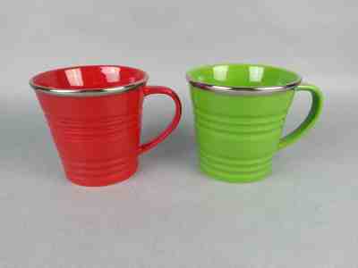 2 2007 Starbucks Red Green W/ Silver Rim Coffee Mug Cup Ribbed Bucket Pail 14oz - Sold on eBay Nov, 29th 2018 for $15.99