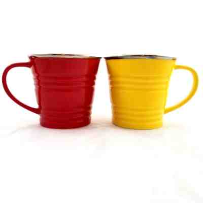 Set of 2 2007 Starbucks 14 fl oz Red & Yellow Silver Rimmed Bucket Coffee Mugs - Sold on eBay Nov, 29th 2018 for $14.99