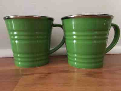 ~ PAIR 2007 Starbucks GREEN & Silver Rim Coffee Mug Cup Ribbed Bucket Pail - Sold on eBay Nov, 29th 2018 for $19.99