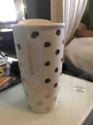 Starbucks White And Gold Polka Dot 10 OZ. Ceramic Coffee Travel Mug - Sold on eBay Dec, 1st 2018 for $8.00