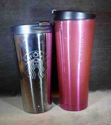 Lot of 2 Starbucks Travel Mugs Pink Metal 8" Mug & Chrome 7" Mug AR4 - Sold on eBay Dec, 1st 2018 for $24.99