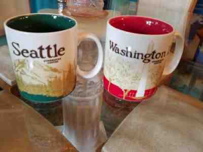 Starbucks Collectors Mugs Washington DC, Seattle Mt. Ranier / Space Needle - Sold on eBay Dec, 1st 2018 for $50.00