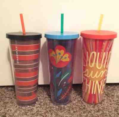 Starbucks Lot Of 3 Cold Cup 24oz Tumbler - Liquid Sunshine, Stripes, Floral - Sold on eBay Dec, 1st 2018 for $54.99