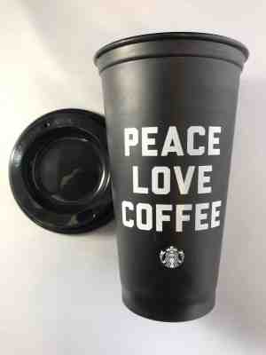 Starbucks Reusable PEACE LOVE COFFEE Cup Tumbler Lid Travel 16 oz Plastic Mug   - Sold on eBay Dec, 1st 2018 for $9.99
