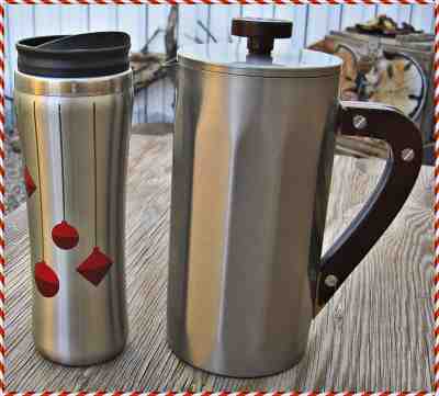 2013 STARBUCKS FRENCH PRESS 32oz Wooden Handle COFFEE POT + CHRISTMAS TRAVEL MUG - Sold on eBay Nov, 30th 2018 for $12.99