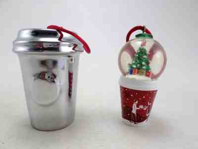 2 PC Lot Starbucks 2007 Snow Globe Red Cup & 2014 Silver Cup Christmas Ornaments - Sold on eBay Dec, 2nd 2018 for $27.50