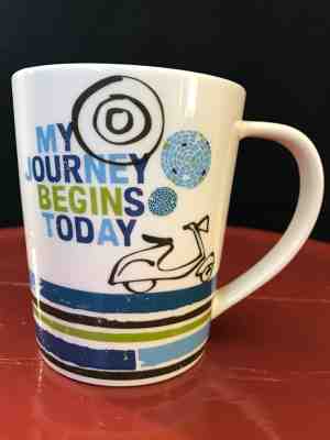 Starbucks Coffee Mug My Journey Begins Today 2008 Vespa 14 oz Aqua White Cup - Sold on eBay Dec, 1st 2018 for $8.50