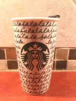 Starbucks Holiday 2011 Ceramic Christmas FaLaLaLaLa 12 oz Travel Coffee Tumbler - Sold on eBay Dec, 1st 2018 for $29.99