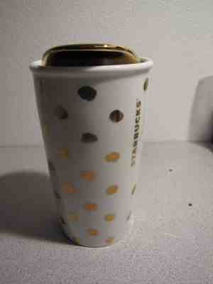 STARBUCKS Gold Dot Ceramic Coffee Traveler Mug Tumbler 2014 EUC - Sold on eBay Nov, 27th 2018 for $26.80