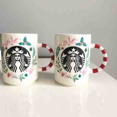 New 2018 Starbucks Christmas Coffee Mug Candy Cane Striped Handle Gift Set!  Two