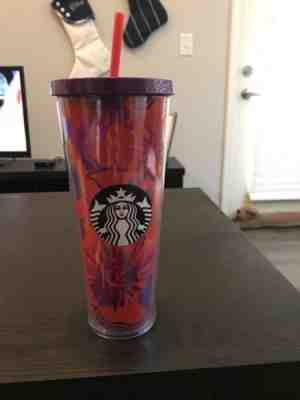 STARBUCKS 24 Oz VENTI Reusable Cold Cup Tumbler With Straw Purple And Red Design - Sold on eBay Dec, 2nd 2018 for $17.50