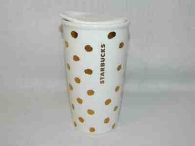 STARBUCKS White Gold Dot 2014 Travel Mug Tumbler 10 oz Ceramic Coffee Tea UNUSED - Sold on eBay Dec, 2nd 2018 for $29.95