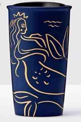 Starbucks 2017 Anniversary Ceramic Golden Siren Mermaid Travel Mug Cup 12oz Blue - Sold on eBay Dec, 2nd 2018 for $39.99