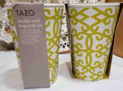 Starbucks 2 Tazo Double Wall Ceramic 12oz Mug w Lid white green filigree coffee - Sold on eBay Dec, 2nd 2018 for $21.25