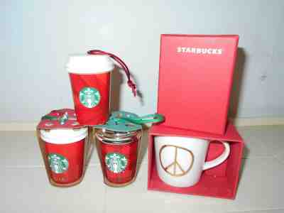4 NEW! STARBUCKS COFFEE CUPS CHRISTMAS ORNAMENTS & PEACE MINI MUG - Sold on eBay Dec, 2nd 2018 for $16.99