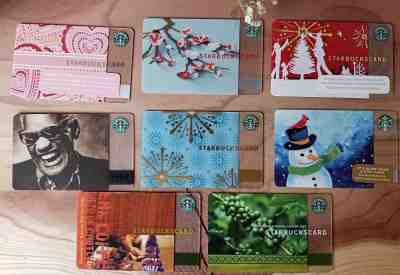 Lot of 8 Starbucks Card 2004 - 2016 Cards Christmas plus Ray Charles plus others - Sold on eBay Nov, 8th 2018 for $40.00