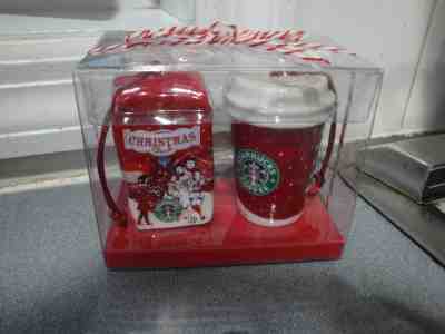 NIB STARBUCKS 2007 CHRISTMAS BLEND & RED WHITE HOLIDAY TRAVEL MUG ORNAMENTS  - Sold on eBay Dec, 3rd 2018 for $13.75