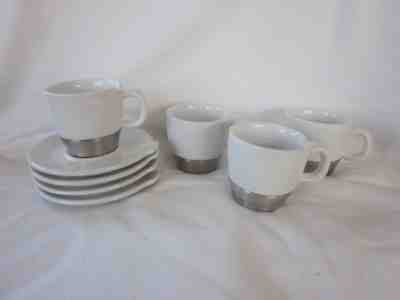 Starbucks Set 4 Demitasse Espresso Cup & Saucer White Stainless Rubber Base 2007 - Sold on eBay Dec, 2nd 2018 for $20.00