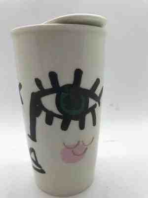 Starbucks Eye Makeup Face Ceramic Travel Coffee Mug 12 Ounces 2014 Ceramic LID - Sold on eBay Nov, 29th 2018 for $11.50