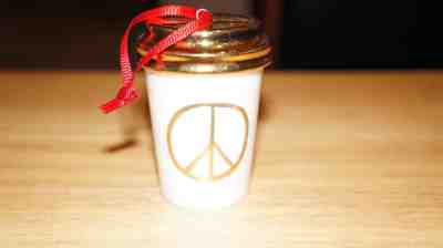 Starbucks 2015 Gold Peace Sign Holiday Cup Travel Tumbler To Go Ceramic Ornament - Sold on eBay Dec, 2nd 2018 for $6.99