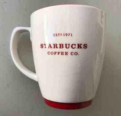 Starbucks Holiday 2007 Abbey White Coffee Mug Red Letters Rim 18 oz Cup Est 1971 - Sold on eBay Dec, 3rd 2018 for $23.85