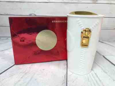 Starbucks 2015 White Ceramic Tumbler Gold Zipper Travel Mug w/ Lid 10 Oz New - Sold on eBay Dec, 3rd 2018 for $24.00