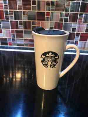 Starbucks 2013 White Travel Coffee Cup Mug Black Mermaid Logo 16 oz 6" Tall Lid - Sold on eBay Dec, 3rd 2018 for $13.98