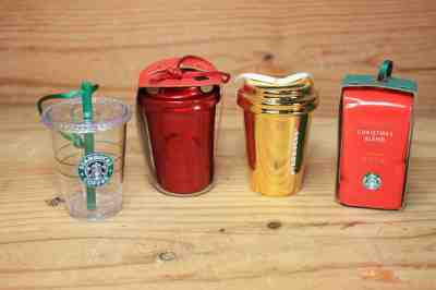 Lot of 4) Starbucks Christmas ORNAMENTS Sparkle Red, Gold, Cold Cup, Coffee Bag  - Sold on eBay Dec, 3rd 2018 for $18.95