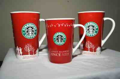 Set Of 3 Vintage Christmas Starbucks Coffee Ceramic Travel Mugs16 oz Red - Sold on eBay Dec, 2nd 2018 for $9.00