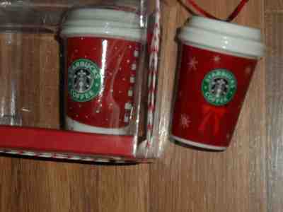 Starbucks ornament ~ lot of 2 ~  Christmas coffee Ceramic To Go Cup 2004 & 2007 - Sold on eBay Dec, 3rd 2018 for $18.99