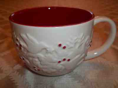 Starbucks Christmas Coffee Mug Cup 2008 Holly Berry Dove Tree Embossed Red White - Sold on eBay Dec, 3rd 2018 for $15.00