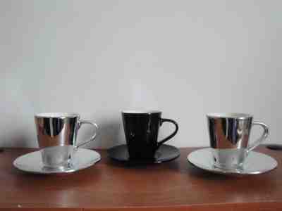 3 STARBUCKS ESPRESSO CUPS & SAUCERS 3 OZ BLACK SILVER 2013 Pre-Owned - Sold on eBay Dec, 3rd 2018 for $12.00