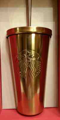 Starbucks Gold SIREN LOGO Stainless Cold Cup W/ METAL Straw 16oz NIB!! 2014 - Sold on eBay Nov, 30th 2018 for $39.00
