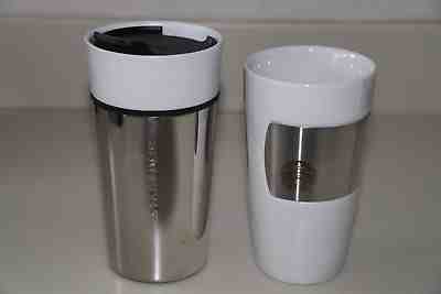 STARBUCKS 2014 2012 INSULATED TRAVEL MUG &TALL CUP - WHITE PORCELAIN & STAINLESS - Sold on eBay Nov, 30th 2018 for $32.00