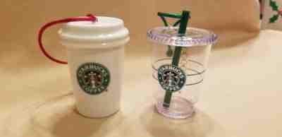 Lot of 2 Starbucks Christmas Ornaments 2006 ceramic cup 2010 plastic cup  - Sold on eBay Dec, 15th 2018 for $15.00