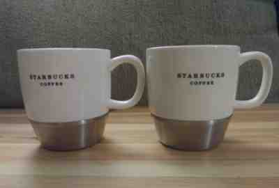 2 Starbucks Coffee Mugs 8oz White w/Metal Base and Rubber Non Skid Bottom 2006 - Sold on eBay Dec, 15th 2018 for $24.95
