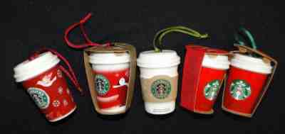 5 lot Starbucks Take Out Coffee Christmas Tree Ornaments 2008 2010 2015  - Sold on eBay Dec, 15th 2018 for $21.99