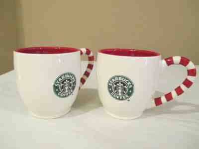 Starbucks Holiday Christmas Coffee Mug Cup 2010 SET 2 White Candy Cane Handle - Sold on eBay Dec, 15th 2018 for $20.45