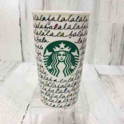 Starbucks Fa La La Holiday 2011 Travel Tumbler Ceramic Cup Mug 12 oz lid - Sold on eBay Dec, 16th 2018 for $19.99