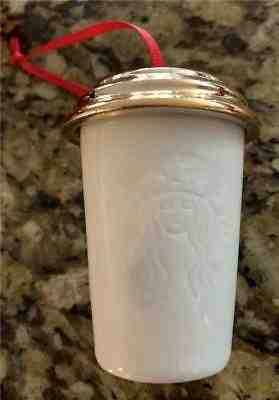 2013 Starbucks Ceramic Christmas Ornament White Embossed Logo and Gold Top - Sold on eBay Dec, 14th 2018 for $9.99