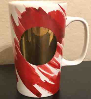 STARBUCKS Gold Circle White Red Dot Tall 16 oz Coffee Mug Cup 2014 - Sold on eBay Dec, 16th 2018 for $9.95