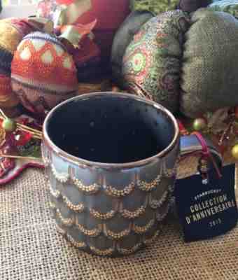 New Anniversary 2015 Starbucks 10 oz Mug Mermaid 3D Gold Scales Metallic - Sold on eBay Dec, 16th 2018 for $15.99