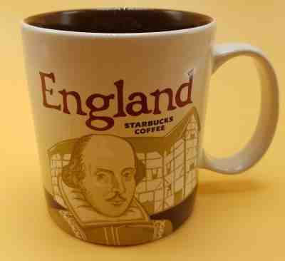 Starbucks  2015 Coffee Mug Cup 16 ounces ENGLAND Shakespeare brown red text - Sold on eBay Dec, 15th 2018 for $17.15