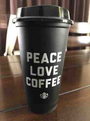 Starbucks PEACE LOVE COFFEE 2018 Black Reusable 16 oz Coffee Cup - Sold on eBay Dec, 16th 2018 for $9.99