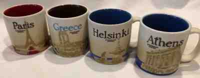 Starbucks 4 Global Icon 3 ounce Mini Mugs * Athens * Greece * Paris * Helsinki - Sold on eBay Nov, 29th 2018 for $35.00