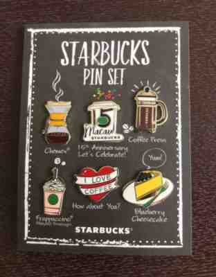 Starbucks 2017 MACAU 15th Anniversary Set of 6 Pins Frappucino Press -No card - Sold on eBay Dec, 12th 2018 for $33.99