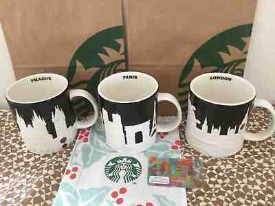 LOT of 3 Starbucks City Mugs: PRAGUE, PARIS & LONDON, Relief Collection, 16oz.