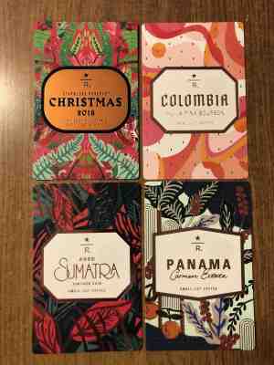 4 STARBUCKS 2018 RESERVE TASTER CARDS LOT COLOMBIA CHRISTMAS AGED SUMATRA PANAMA - Sold on eBay Nov, 5th 2018 for $9.99