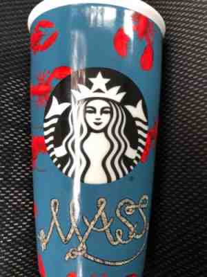 Massachusetts Starbucks Mug Double Wall Travel Tumbler Ceramic Lobsters Blue Red - Sold on eBay Nov, 15th 2018 for $18.00