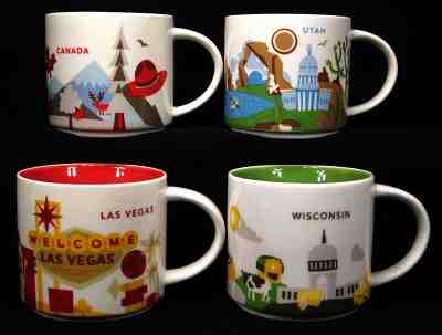 Lot of 4 Starbucks You Are Here YAH 14 oz Mugs CANADA UTAH LAS VEGAS _WISCONSIN - Sold on eBay Dec, 2nd 2018 for $59.00
